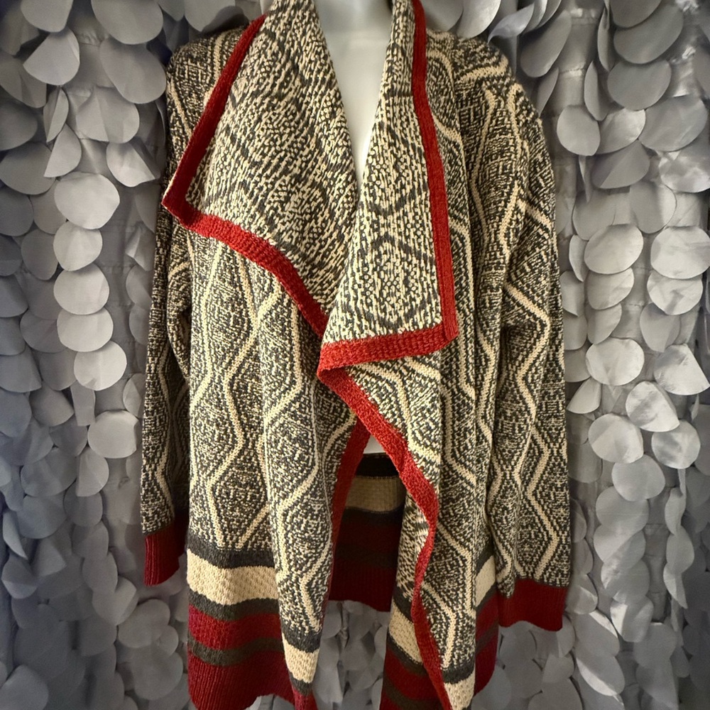 St. John's Bay Cream and Red Geometric Cardigan
